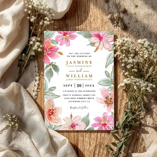 Invitation Tropical Glitter Flowers Elegant QR Code Wedding