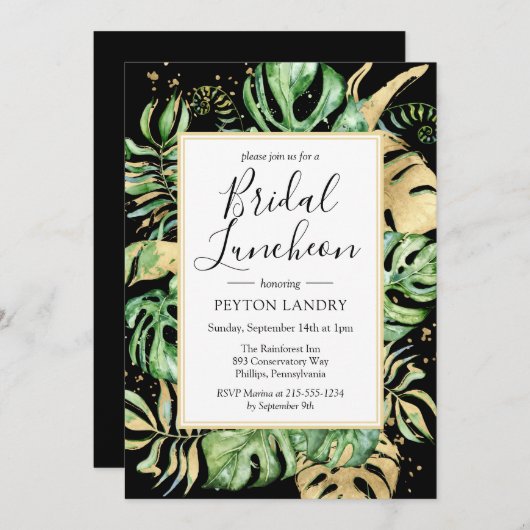 Invitation Tropical Gold & Black Bridal Luncheon Douche (Devant / Derrière)
