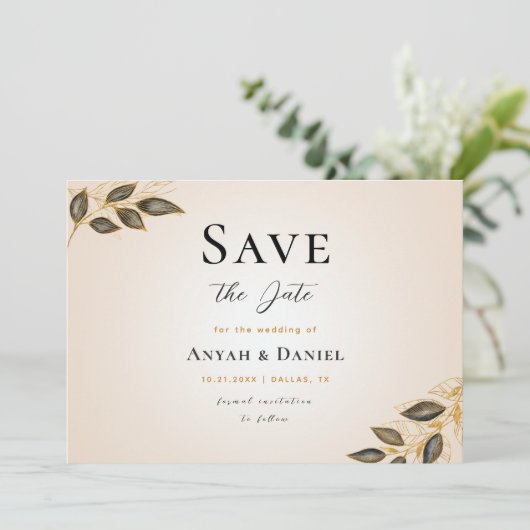 Invitation Tropical Gold & Black Feuille Exotic Cream Fall (Debout devant)