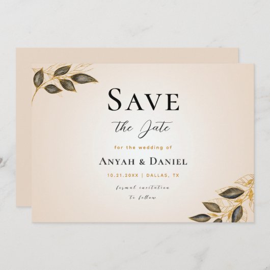 Invitation Tropical Gold & Black Feuille Exotic Cream Fall (Devant / Derrière)