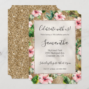 Invitation Tropical Gold Glitz rose Hibiscus Floral