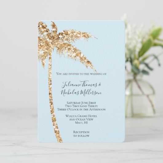 Invitation Tropical Gold Glitzy Parties scintillant Palm Tree (Debout devant)