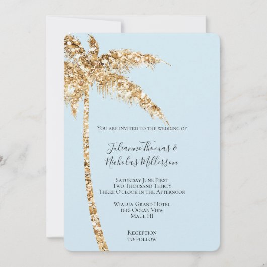 Invitation Tropical Gold Glitzy Parties scintillant Palm Tree (Devant)