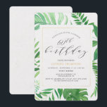 Invitation Tropical Gold Green 60th Surprise Birthday Party<br><div class="desc">Une prise moderne de l'invitation de la fête tropicale pour célébrer un 60ème anniversaire cher. Le design présente un cadre en faux or avec une végétation tropicale incluant des feuilles de bananes. Personnalisez-vous en utilisant les champs de modèle fournis. Si vous avez besoin d'aide ou d'autres pièces correspondantes contactez-moi (Maria)...</div>
