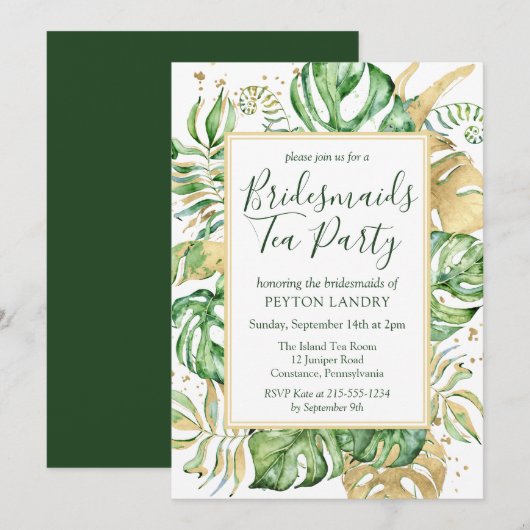 Invitation Tropical Gold & Green Bridesmaiers Tea Party (Devant / Derrière)