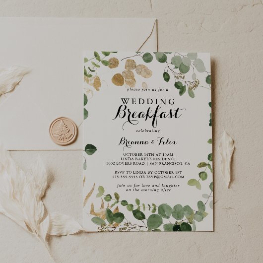 Invitation Tropical Gold Green Foliage Mariage Petit déjeuner