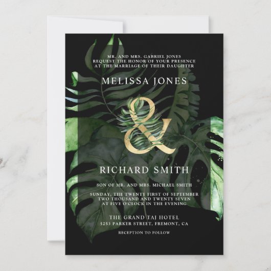 Invitation Tropical Gold Monstera Palm Black QR Code Mariage (Devant)