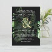 Invitation Tropical Gold Monstera Palm Black QR Code Mariage (Debout devant)