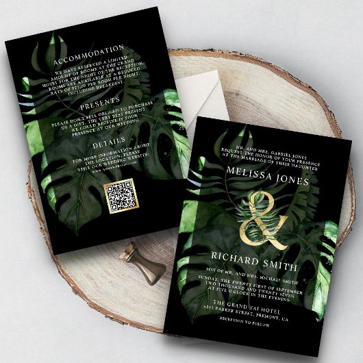 Invitation Tropical Gold Monstera Palm Black QR Code Mariage