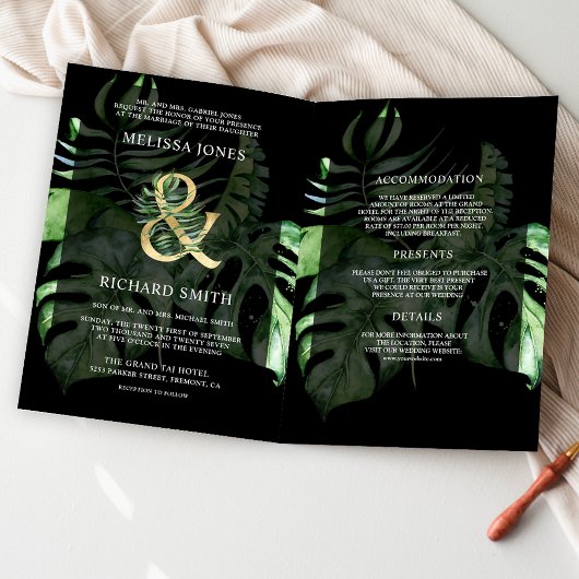 Invitation Tropical Gold Monstera Palm Black QR Code Wedding