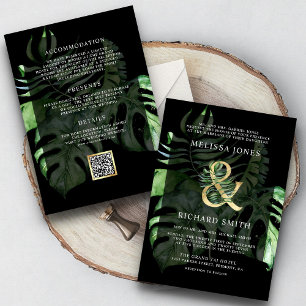 Invitation Tropical Gold Monstera Palm Black QR Code Wedding 