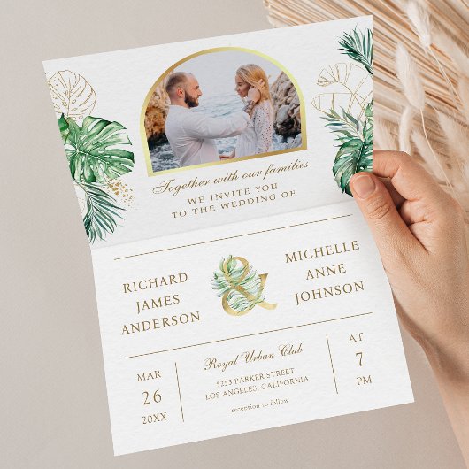 Invitation Tropical Gold Monstera Palm Photo QR Code Wedding