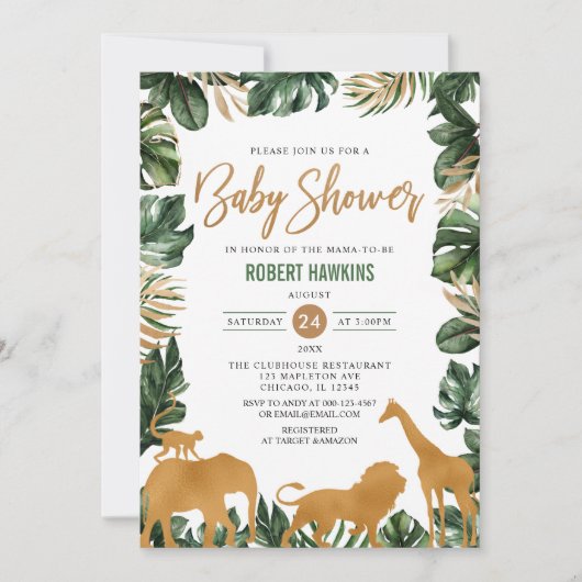 Invitation Tropical Gold Safari Animaux Jungle Baby shower (Devant)