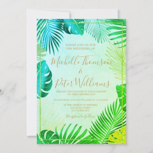 Invitation tropical gold watercolor wedding (Devant)