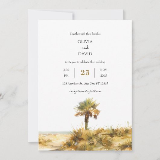 Invitation Tropical Golden Sand Dune Palm Tree Beach Wedding (Devant)