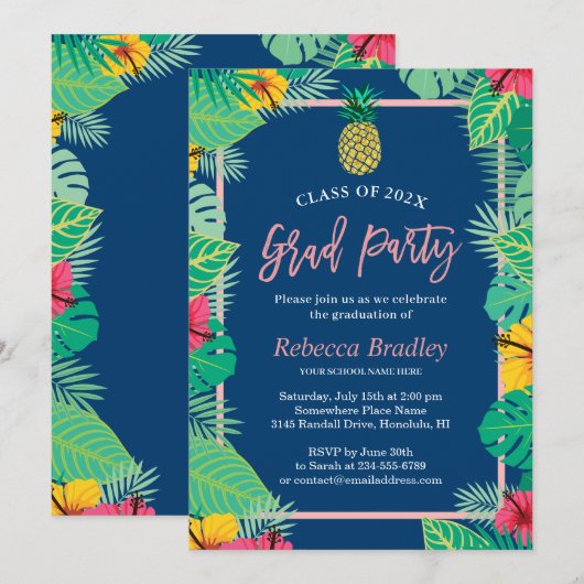 Invitation Tropical Graduation Party Marine Blue Gold Ananas (Devant / Derrière)