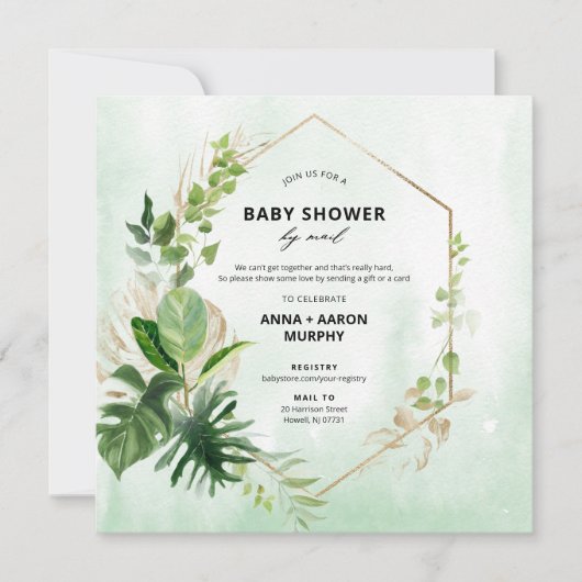 Invitation Tropical Green et Gold Frame Baby shower par courr (Devant)