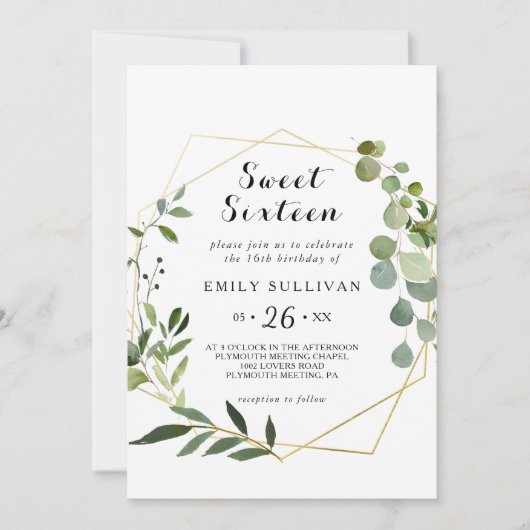 Invitation Tropical Green Feuille Sweet sixteen fête d'annive (Devant)