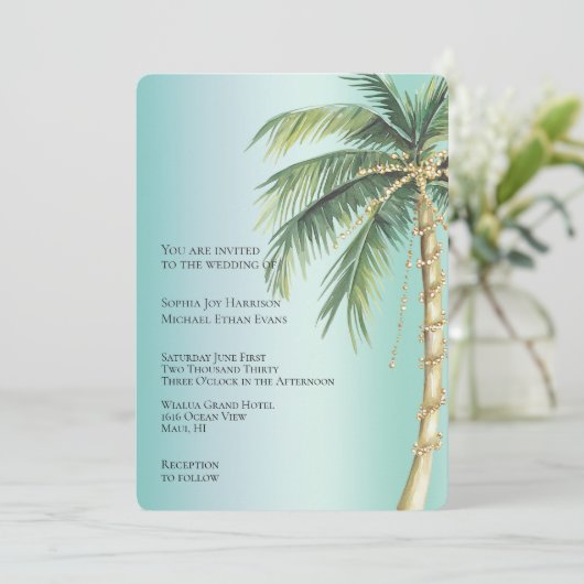 Invitation Tropical Green Glam Gold Glitzy Palm Tree Mariage (Debout devant)