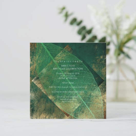 Invitation Tropical Green Leaf Distressed Gold Party (Debout devant)
