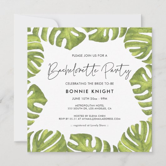 Invitation Tropical green palm feuille Bachelorette Party (Devant)