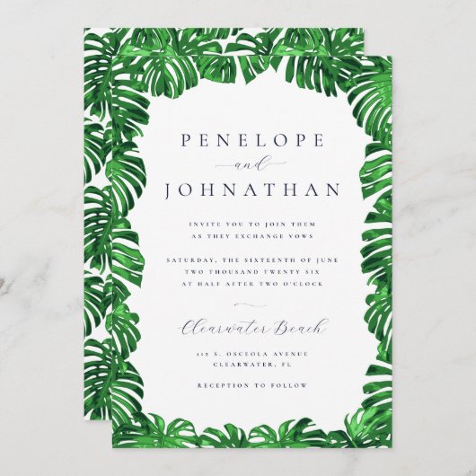 Invitation Tropical Green Palm Feuille Mariage moderne (Devant / Derrière)