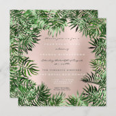 Invitation Tropical Green Palm Leaf Frame Pastel Metal Rose (Devant / Derrière)
