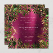 Invitation Tropical Green Palm Leaf Frame Raspberry Pink Gold (Devant / Derrière)