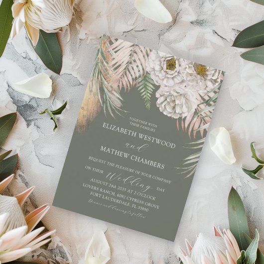 Invitation Tropical Green Pampas Grass & Floral Wedding