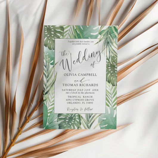 Invitation Tropical Green Watercolor Palm Wedding