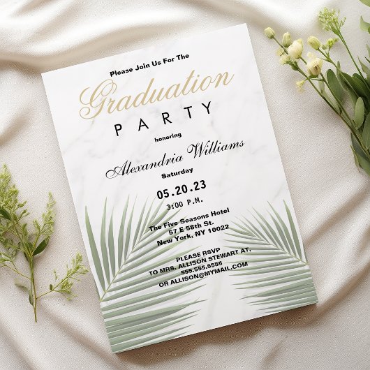 Invitation Tropical green white marble floral Graduation 