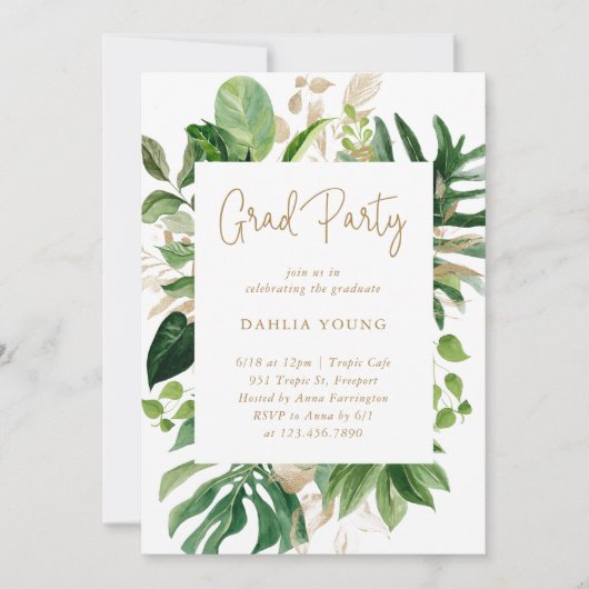 Invitation Tropical Greenery Gold Geometry Graduation Party (Devant)