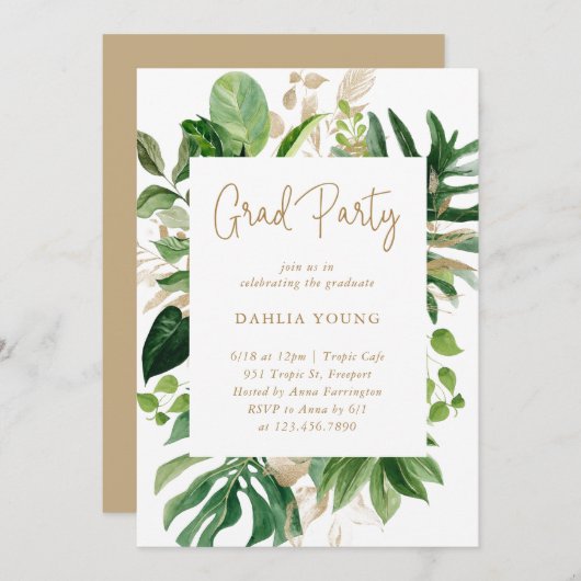Invitation Tropical Greenery Gold Geometry Graduation Party (Devant / Derrière)