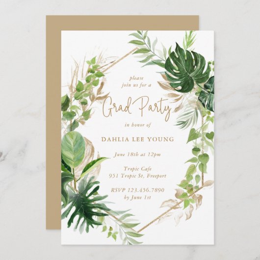 Invitation Tropical Greenery Gold Geometry Graduation Party (Devant / Derrière)
