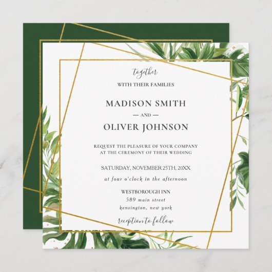 Invitation Tropical Greenery Mariage géométrique Leafy Gold (Devant / Derrière)