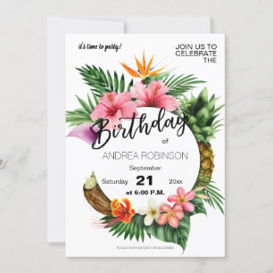 Invitation Tropical Hawaiian Floral Anniversaire Party Blanc