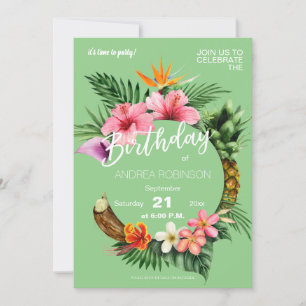 Invitation Tropical Hawaiian Floral Birthday Party Green