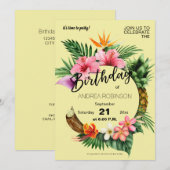 Invitation Tropical Hawaiian Floral fête d'anniversaire Jaune (Devant / Derrière)
