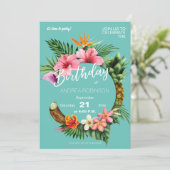 Invitation Tropical Hawaiian Floral fête d'anniversaire Turqu (Debout devant)