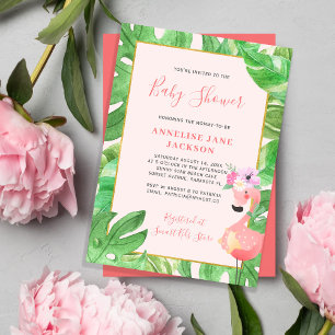 Invitation Tropical Hawaiian rose flamingo fille baby shower