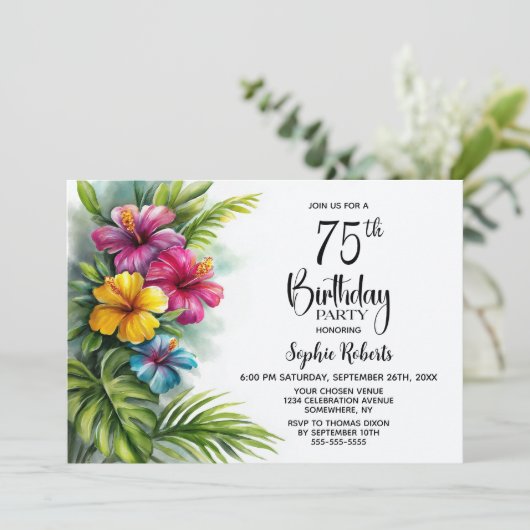 Invitation Tropical Hibiscus 75th Birthday Party (Debout devant)