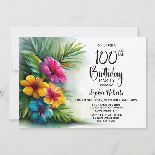 Invitation Tropical Hibiscus Flowers 100th Birthday Party (Devant)
