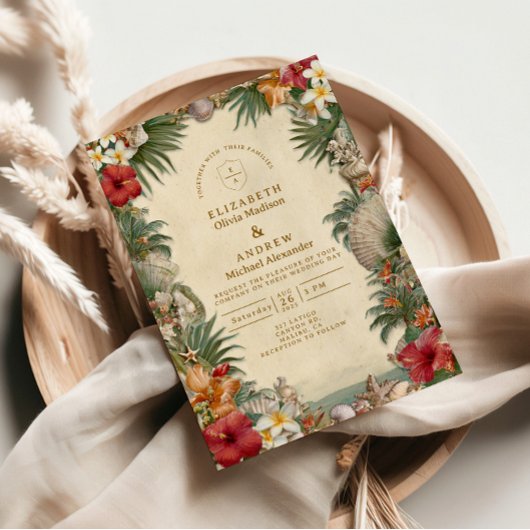 Invitation Tropical Hibiscus Seashell Wedding
