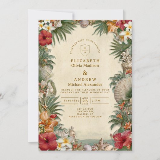 Invitation Tropical Hibiscus Seashell Wedding (Devant)