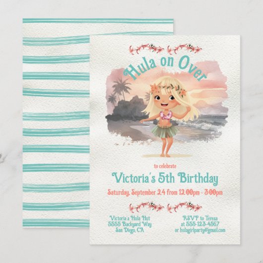 Invitation Tropical Hula Blonde Girl Birthday Party (Devant / Derrière)