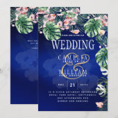 Invitation Tropical Island Royal Blue Flowers Feuille Mariage (Devant / Derrière)