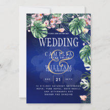 Tropical Island Royal Blue Flowers Feuille Mariage