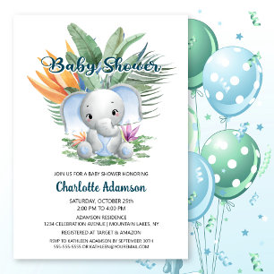 Invitation Tropical Jungle Baby Blue Elephant Baby shower