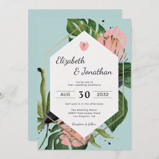 Invitation Tropical jungle rose fleur & fleurs feuilles moder (Devant / Derrière)