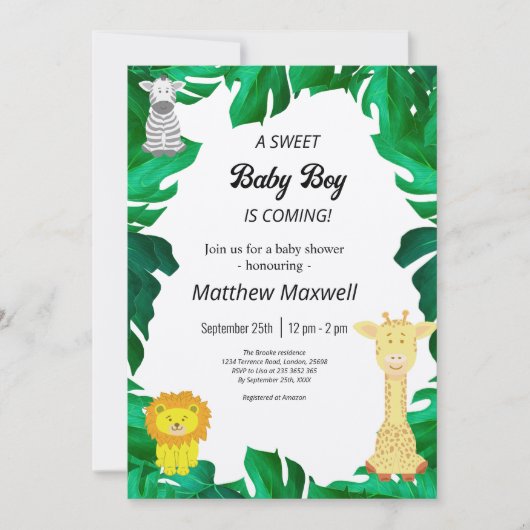Invitation Tropical Jungle Safari Boy Baby shower Inv (Devant)